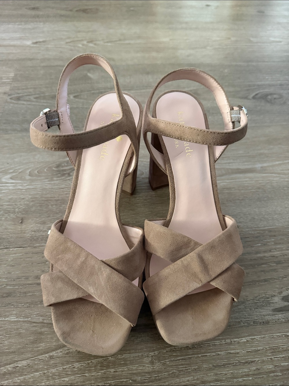 kate spade Taupe Suede Block Heel Sandals